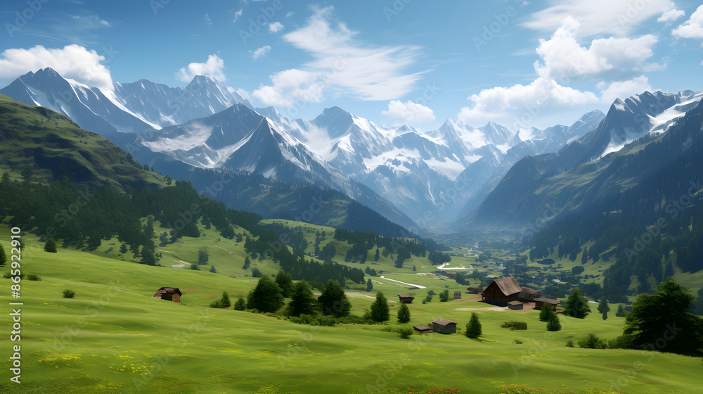 Breathtaking Alpine Landscape - Snow-Kissed Mountains, Vast Green Meadows, and Serene Blue Skies Breathtaking Alpine Landscape - Snow-Kissed Mountains, Vast Green Meadows, and Serene Blue Skies