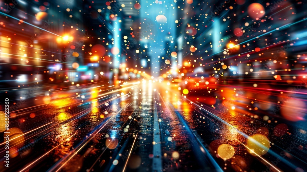Vibrant city lights at night with abstract bokeh effect, creating a dynamic and colorful urban scene full of motion and energy. Vibrant city lights at night with abstract bokeh effect, creating a dynamic and colorful urban scene full of motion and energy.