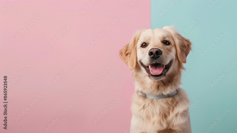 Happy golden retriever dog against pink and blue pastel background, looking at the camera, cheerful pet portrait for stock photography. Happy golden retriever dog against pink and blue pastel background, looking at the camera, cheerful pet portrait for stock photography.