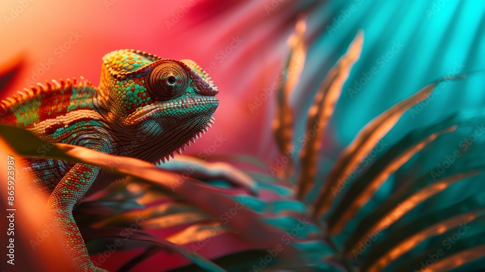 Obraz premium Vibrant close-up of a colorful chameleon perched among tropical leaves, with striking lighting and a vibrant background.
