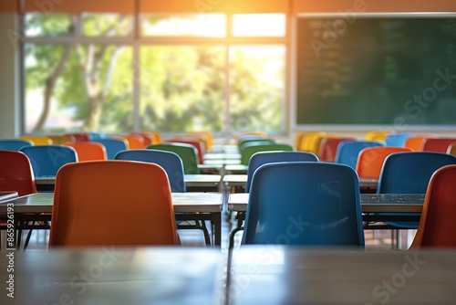 Colorful Chairs and Tables in an Empty School Cafeteria