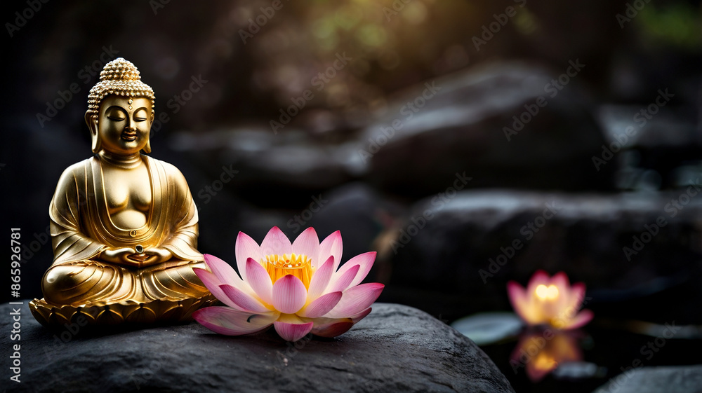 Obraz premium Gold buddha statue and lotus flowers on a rock background