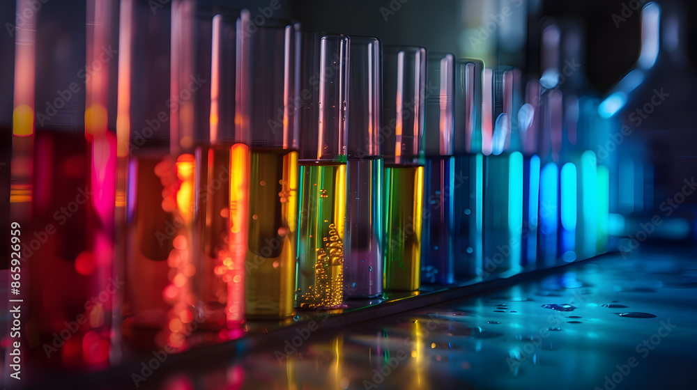 The science experiment uses test tubes filled with liquids for chemical analysis and physical reactions. The science experiment uses test tubes filled with liquids for chemical analysis and physical reactions.
