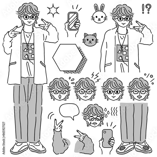 ピースサインをしている若い男性と素材のバリエーションイラスト【シンプル・モノクロ】