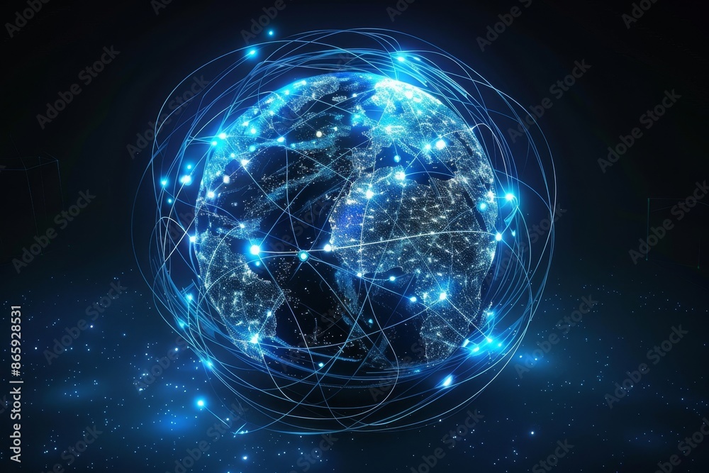 Illustrative artwork of a brilliant globe with luminous lines, depicting the interconnectedness of the digital era Illustrative artwork of a brilliant globe with luminous lines, depicting the interconnectedness of the digital era