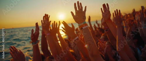 Crowd of People Celebrating at a Beach Concert During Sunset