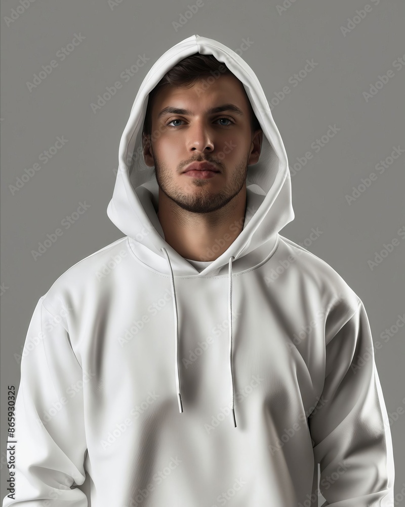 A man in a white hoodie standing on a gray background. A man in a white hoodie standing on a gray background.