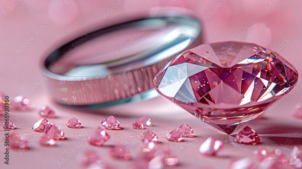 Close-up of a pink diamond and wedding ring on a pink surface surrounded by pink crystals Close-up of a pink diamond and wedding ring on a pink surface surrounded by pink crystals