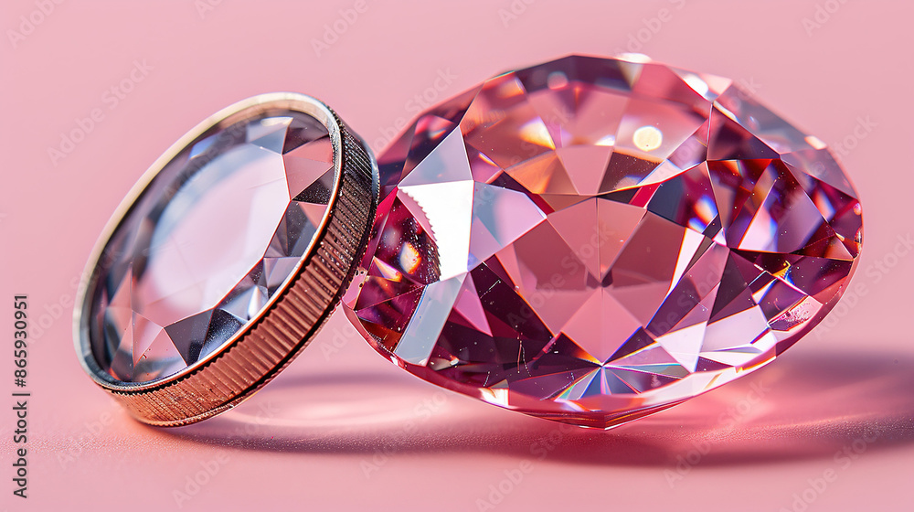 A close-up of a pink diamond beside a coin on a pink surface against a lighter pink background A close-up of a pink diamond beside a coin on a pink surface against a lighter pink background