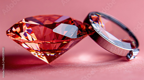   A close-up of a red diamond with glasses next to it on a pink background with VAD ASE above it photo