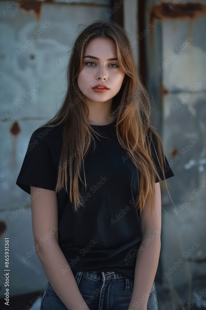 A young woman in black t - shirt and jeans. A young woman in black t - shirt and jeans.