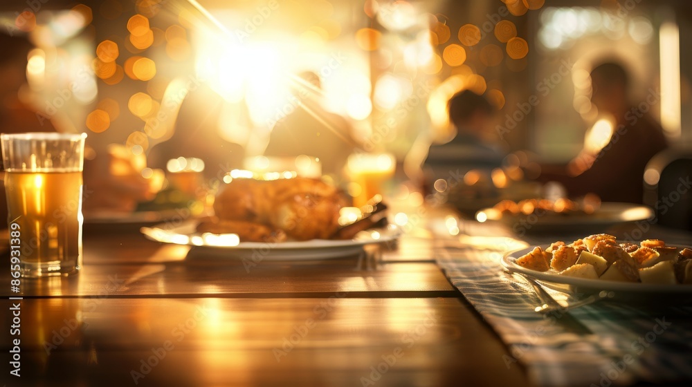 Warm sunset dinner scene with food and drinks on table, people blurred in background. Cozy festive ambiance perfect for family gatherings. Warm sunset dinner scene with food and drinks on table, people blurred in background. Cozy festive ambiance perfect for family gatherings.