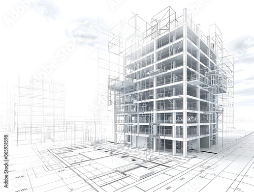 Architectural blueprint infographic of a manufacturer tower building components with minimalist