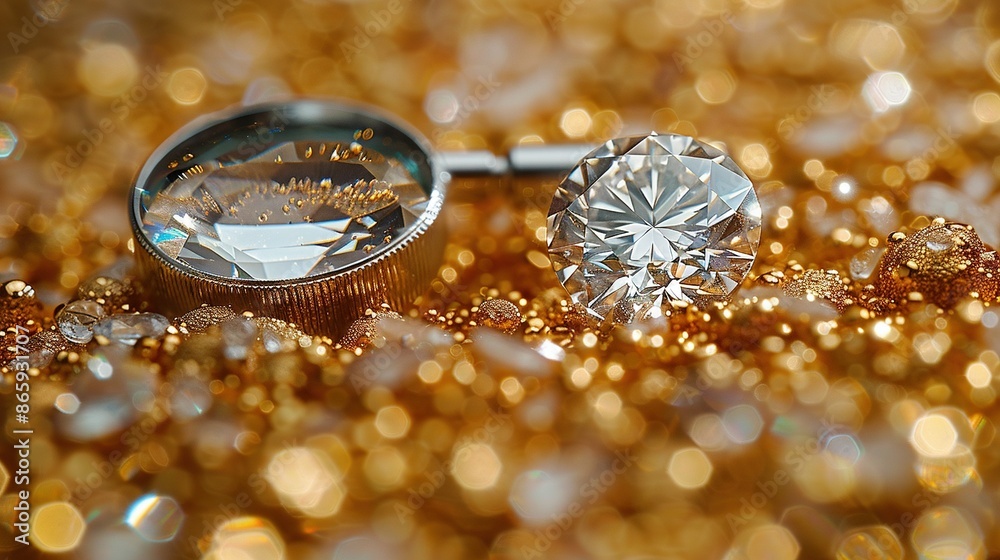 A close-up of a diamond and stethoscope on a glittering gold surface with flakes A close-up of a diamond and stethoscope on a glittering gold surface with flakes