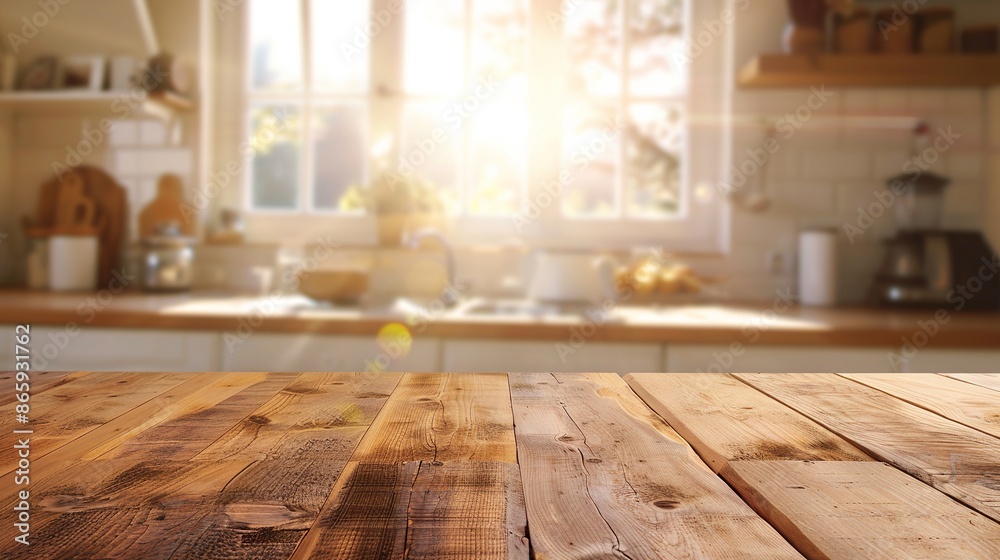 A luxurious brown wood tabletop forms the centerpiece of a stylish kitchen interior, bathed in natural daylight that creates a soft, radiant flare of bokeh. A luxurious brown wood tabletop forms the centerpiece of a stylish kitchen interior, bathed in natural daylight that creates a soft, radiant flare of bokeh.