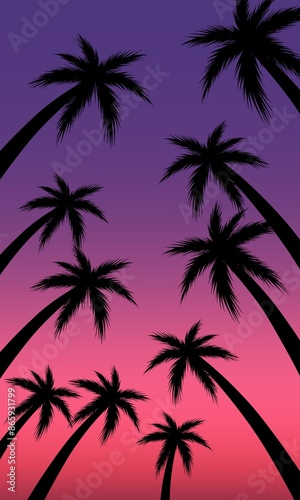 Sunset sky and coconut tree silhouette at the beach. Palm tree silhouette. The evening on the beach Summer orange sky and coconut tree shadow. Rainforest 