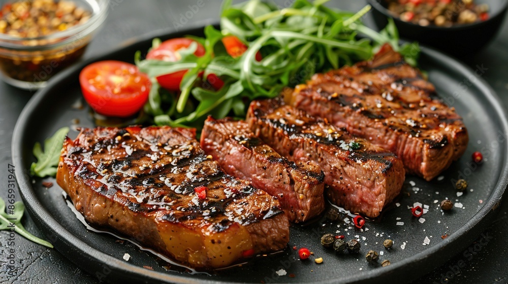 A steak, salad, and tomatoes on a table with a glass of wine A steak, salad, and tomatoes on a table with a glass of wine