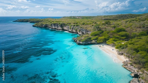 From a captivating drone aerial view, Cas Abao Beach (Playa Cas Abao) on the Caribbean island of Curacao unfolds in breathtaking splendor.