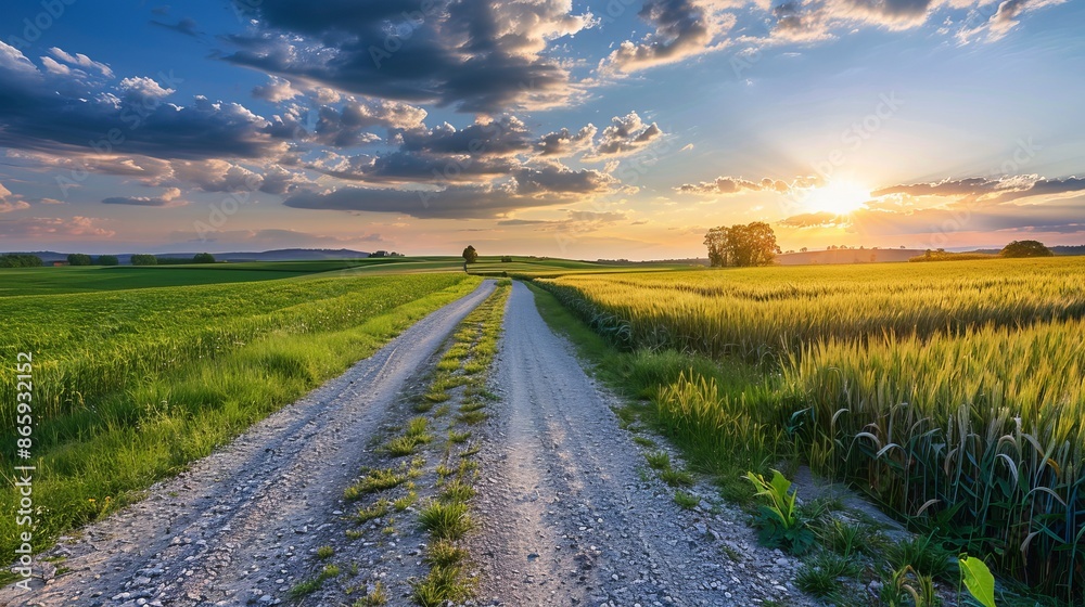 Fototapeta premium As the sun sets on the horizon, a country gravel road meanders through a vast green wheat field, bathed in the warm hues of twilight.