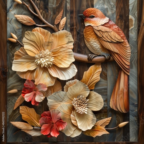 Intricate wood carving of a bird and flowers, showcasing detailed craftsmanship and natural beauty in earthy tones. photo