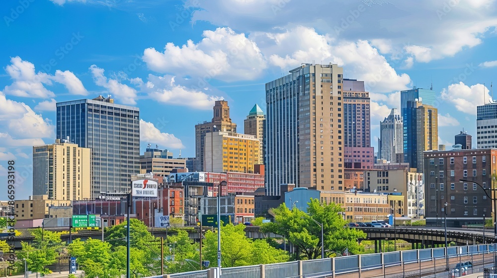 The skyline of Downtown Newark, New Jersey, presents a dynamic and evolving urban landscape. Tall skyscrapers and historic buildings rise against the backdrop of a clear blue sky The skyline of Downtown Newark, New Jersey, presents a dynamic and evolving urban landscape. Tall skyscrapers and historic buildings rise against the backdrop of a clear blue sky