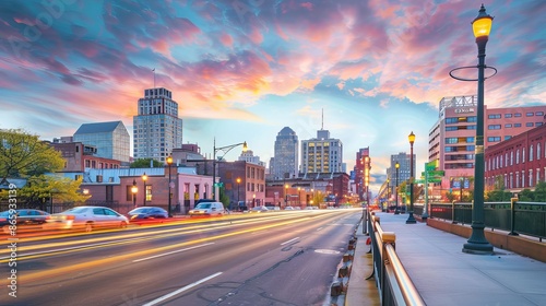 The skyline of Downtown Newark, New Jersey, presents a dynamic and evolving urban landscape. Tall skyscrapers and historic buildings rise against the backdrop of a clear blue sky