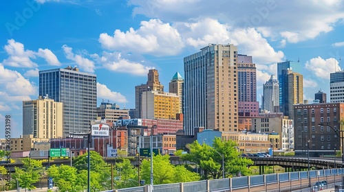 The skyline of Downtown Newark, New Jersey, presents a dynamic and evolving urban landscape. Tall skyscrapers and historic buildings rise against the backdrop of a clear blue sky