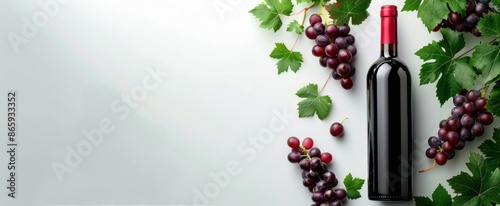 Red Wine Bottle and Grapes on a White Background