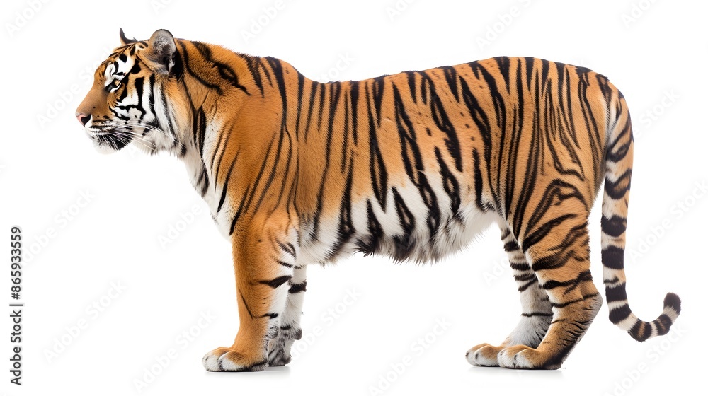 Obraz premium Side view, profile of a tiger standing, isolated on white. 