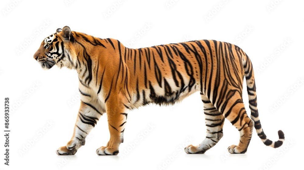 Side view, profile of a tiger standing, isolated on white. Side view, profile of a tiger standing, isolated on white.