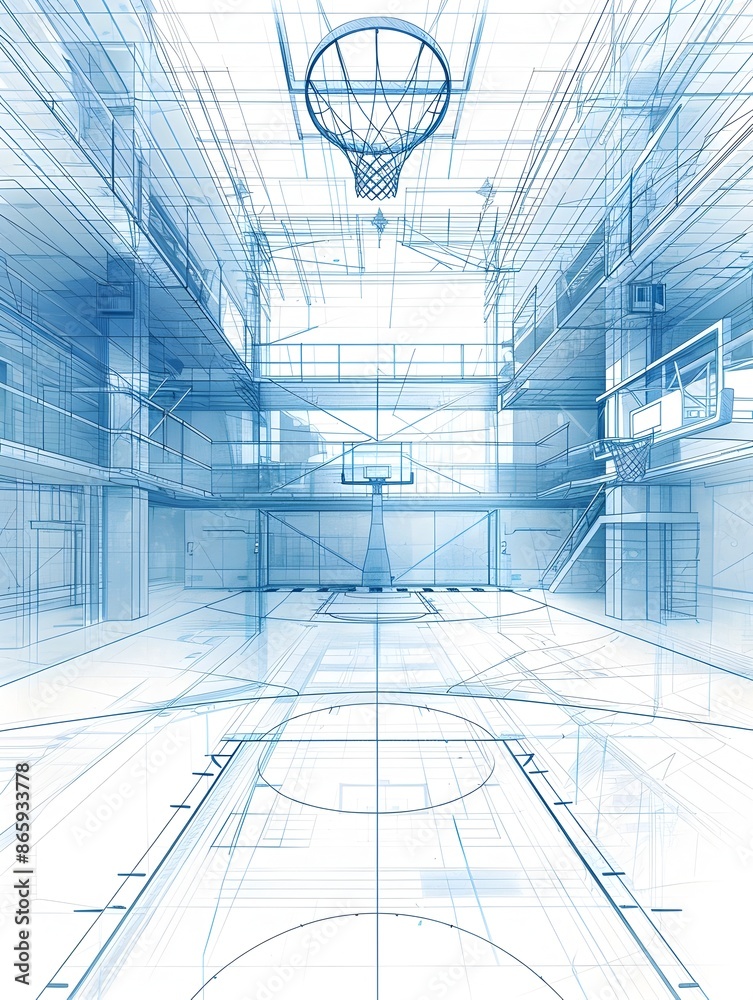 Obraz premium Minimal Blueprint Diagram of Structural Basketball Court Components