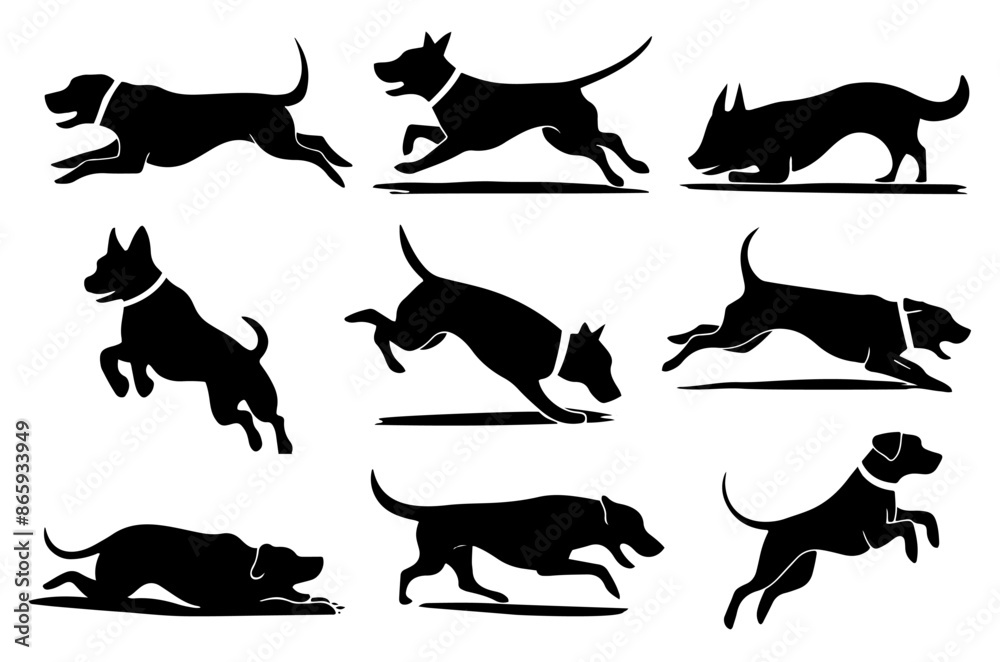 Fototapeta premium Dog silhouette collection vector. Dog in various poses and activities like jumping, running, burking, loving, eating. Silhouette black puppies, pet dog vector isolated on a white background.