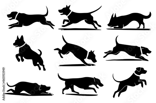 Dog silhouette collection vector. Dog in various poses and activities like jumping, running, burking, loving, eating. Silhouette black puppies, pet dog vector isolated on a white background.