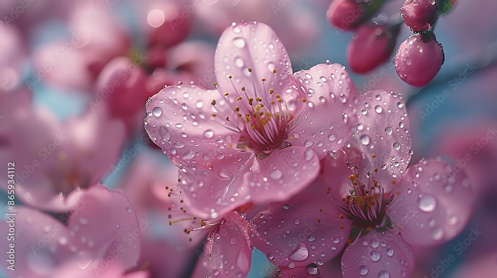 Pink flowers in focus, water droplets, blue sky background Pink flowers in focus, water droplets, blue sky background