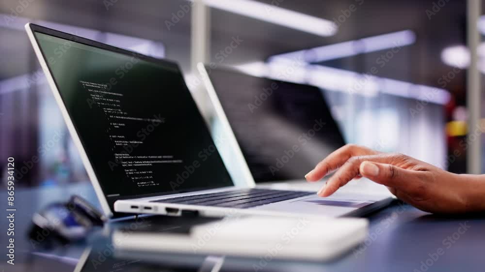 Multi-tasking African American Woman Coding Website on Laptop at Office Desk Multi-tasking African American Woman Coding Website on Laptop at Office Desk