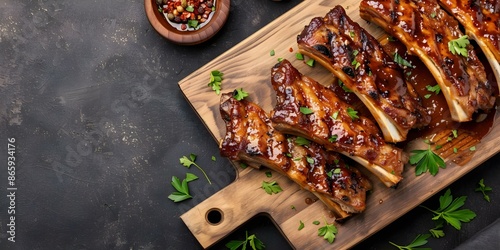 Classic American Dish BBQ Pork Ribs with Sticky Spicy Glaze on Wood Board. Concept Food Photography, BBQ Ribs, Sticky Glaze, American Cuisine, Wood Board Presentation photo