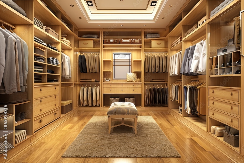 Creative representation of a well-appointed dressing room with organized shelves and hanging clothes, depicting fashion