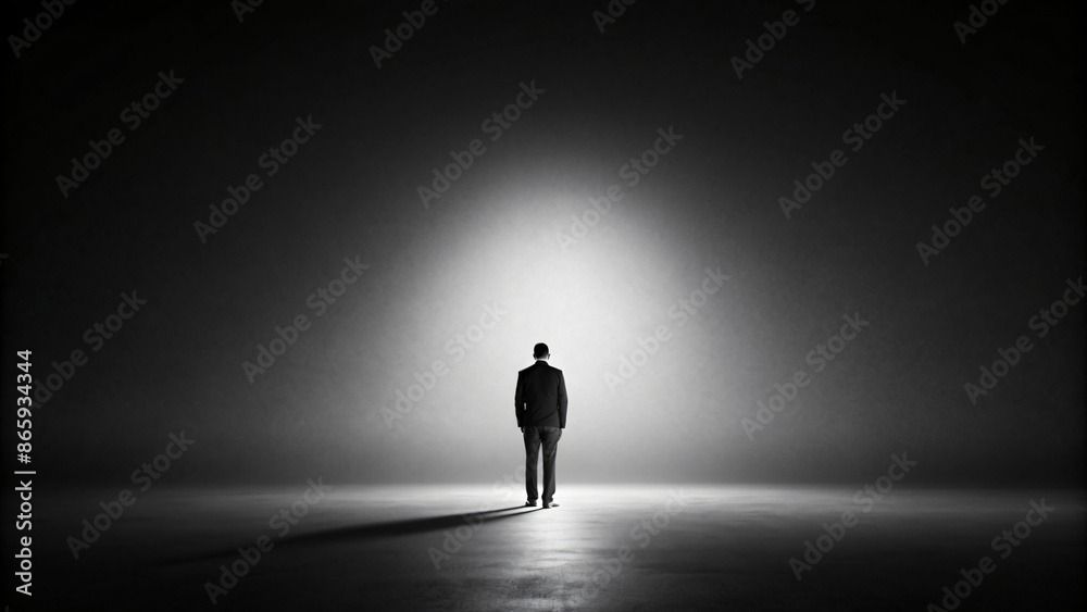 Black silhouette of a man walking through a light Black silhouette of a man walking through a light