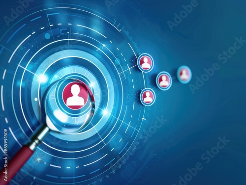 Closeup of magnifying glass with target and person icons on blue background, symbolizing horizon for potential new customer or employee. AI