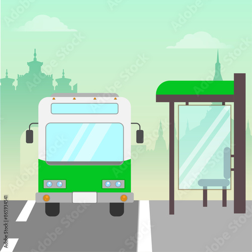 Bus Stop with Transport and Bus on the road. Thatlouang and Patuxay Backgound vector illustration