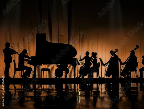 composition of symphony orchestra instruments, only silhouettes are visible, black background photo