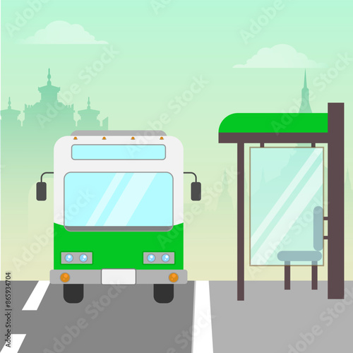 Bus Stop with Transport and Bus on the road. Thatlouang and Patuxay Backgound vector illustration