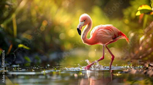 a pink flamingo with a long curved neck and black beak stands in water, its reflection visible below photo