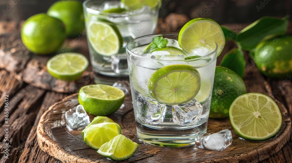 Gin and tonic with lime slices on wooden surface and backdrop Gin and tonic with lime slices on wooden surface and backdrop
