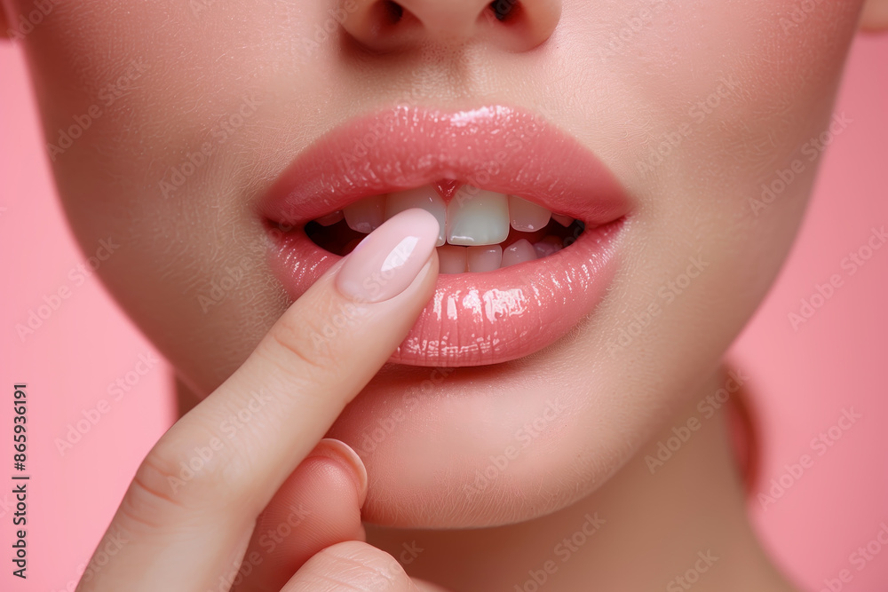 Obraz premium A cute girl having fun laughing with a perfect white teeth smile, happy and joyful. In front of a soft peach background