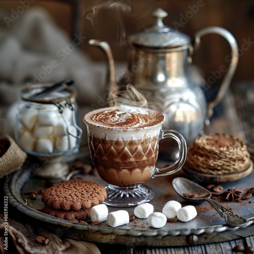Steaming Cup of Coffee With Marshmallows and Cookies on a Rustic Tray