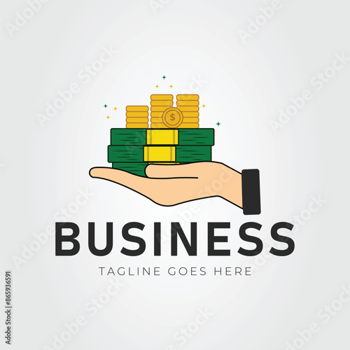 hand with pile of money and coin logo vector illustration design