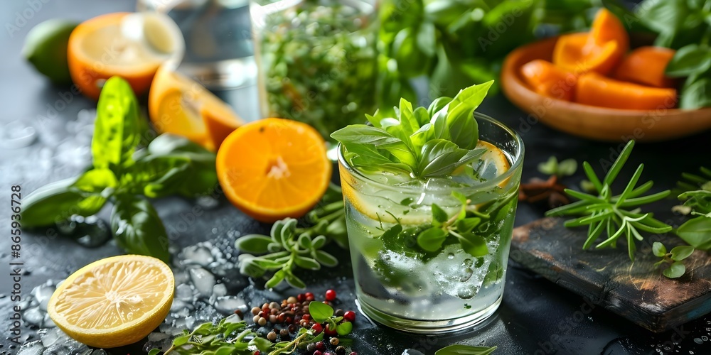 Capturing the Vibrant Freshness of Mocktail Ingredients with Unique Mixers and Herbs. Concept Mocktail Ingredients, Vibrant Freshness, Unique Mixers, Herbs, Capturing Aesthetics Capturing the Vibrant Freshness of Mocktail Ingredients with Unique Mixers and Herbs. Concept Mocktail Ingredients, Vibrant Freshness, Unique Mixers, Herbs, Capturing Aesthetics