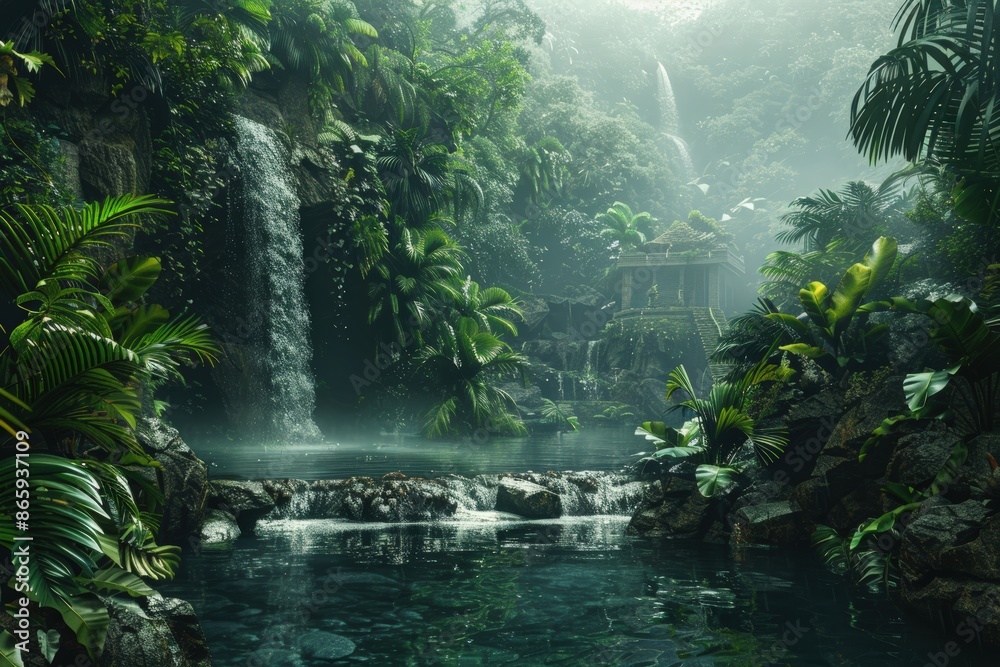Lush jungle landscape with a serene waterfall and tranquil pond, surrounded by dense greenery and misty ambiance, perfect for nature lovers. Lush jungle landscape with a serene waterfall and tranquil pond, surrounded by dense greenery and misty ambiance, perfect for nature lovers.