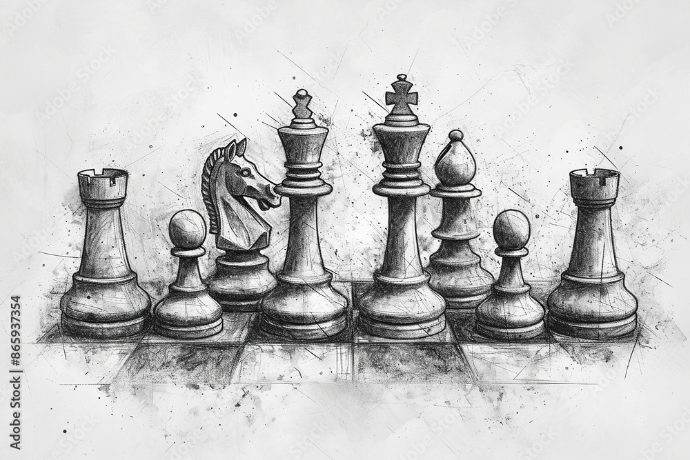 Chessboard with chess pieces sketch, knight, rook, and king on white background Chessboard with chess pieces sketch, knight, rook, and king on white background